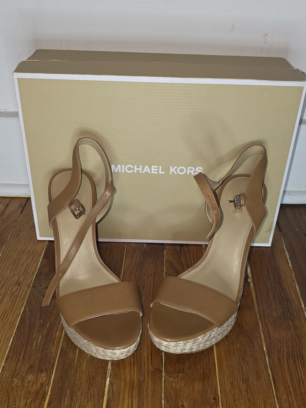 Michael Kors Tan Espadrille Wedge Sandals with Ankle Strap